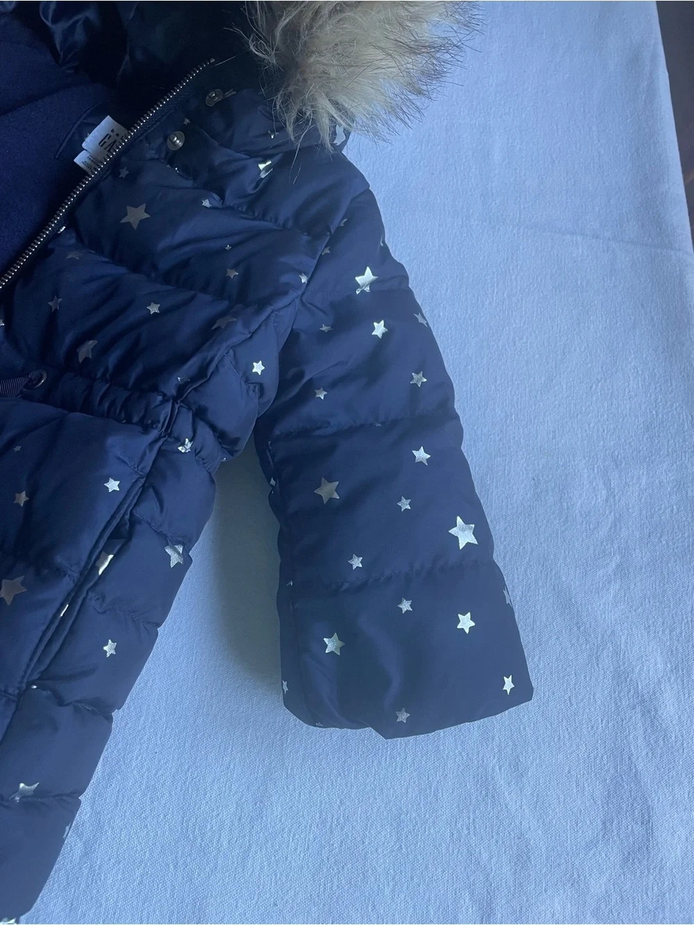GAP Navy Puffer Coat with Gold Star Print and Faux Fur Hood